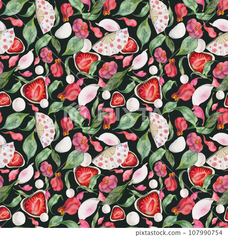 Watercolor seamless pattern with hand drawn traditional Japanese sweets. Wagashi, mochi, camellia flowers. Isolated on dark background. Invitations, restaurant menu, greeting cards, print, textile 107990754