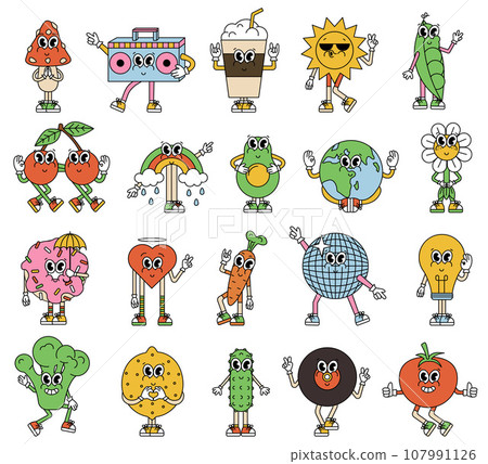 Set retro cartoon funny comic characters, gloved hands. Hand drawn doodles of comic groovy characters. Vintage vector set. Set in modern cartoon style Set retro cartoon funny comic characters, gloved hands. Hand drawn doodles of comic groovy characters. Vintage vector set. Set in modern cartoon style 107991126