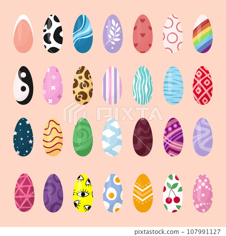 Ideas of nails design art. Bright colorful manicure set. Colorful glossy decorative polish collection with texture and print for finger nail. 107991127