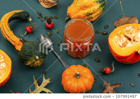 Fragrant autumn pumpkin, squash jam. Fragrant autumn pumpkin, squash jam. 107991497