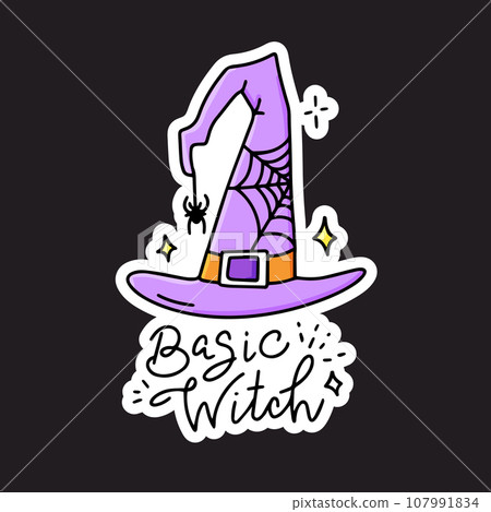 The hat of a witch, a wizard, a magician with a web and a hanging spider A Halloween magic accessory The hat of a witch, a wizard, a magician with a web and a hanging spider A Halloween magic accessory 107991834