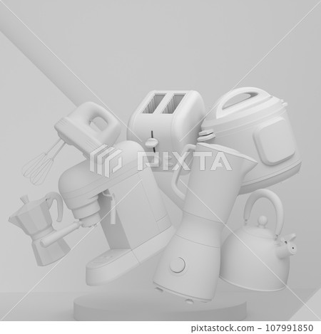 Abstract scene or podium with kitchen appliances and utensils on monochrome. 107991850