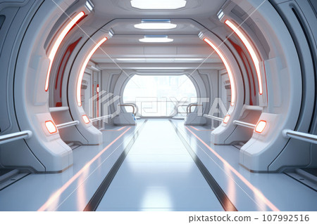 A hallway in a futuristic spaceship. Corridor inside space station. Generative AI A hallway in a futuristic spaceship. Corridor inside space station. Generative AI 107992516