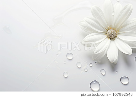 Water drops on white clean flower in a naturally bright environment. Minimalist background. Generative AI 107992543