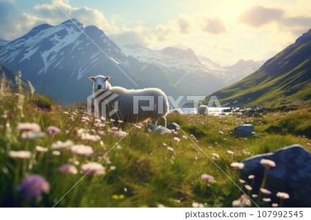 Sheep on the flowered meadows. Nature with wild flowers and mountains in the background. Generative AI 107992545