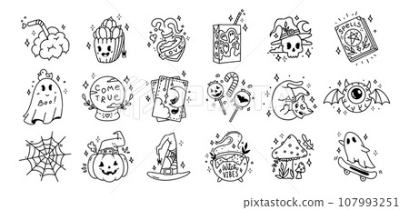Set Halloween outline stickers. Pumpkin, tarot cards, brain, potion, ghost, divination ball, spider  107993251
