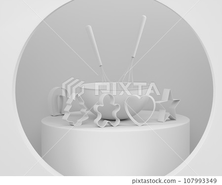 Abstract scene or podium with bowl and kitchen utensil on monochrome. 107993349