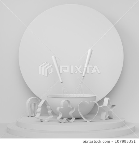 Abstract scene or podium with bowl and kitchen utensil on monochrome. 107993351