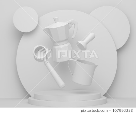Abstract scene or podium with kitchen appliances and utensils on monochrome. 107993358