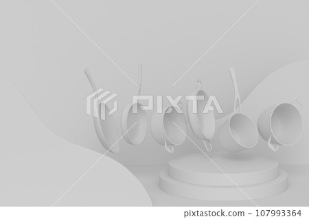 Abstract scene or podium with stewpot and frying pans on monochrome. Abstract scene or podium with stewpot and frying pans on monochrome. 107993364