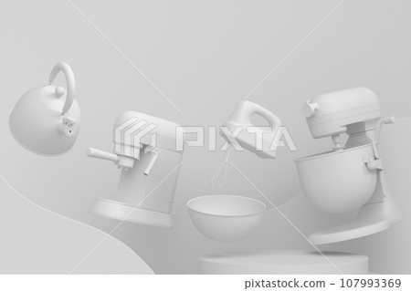 Abstract scene or podium with kitchen appliances and utensils on monochrome. 107993369