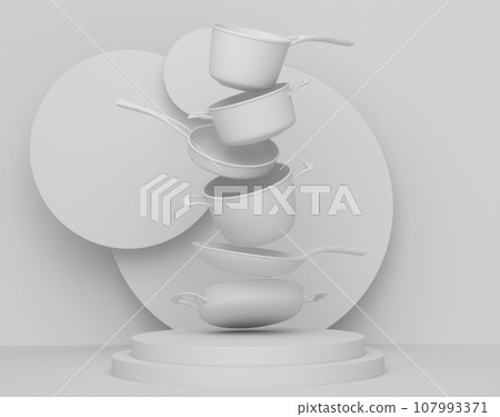 Abstract scene or podium with stewpot and frying pans on monochrome. Abstract scene or podium with stewpot and frying pans on monochrome. 107993371