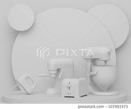Abstract scene or podium with kitchen appliances and utensils on monochrome. Abstract scene or podium with kitchen appliances and utensils on monochrome. 107993373