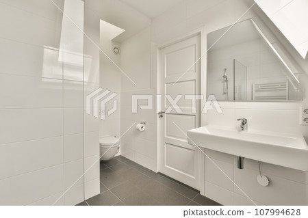a white bathroom with black tile flooring and an open door leading you to the toilet in the shower room 107994628