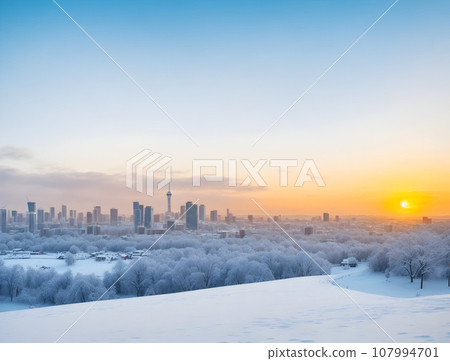 Generate AI.  Landscape of the city on the winter season. wallpaper with AI. 107994701
