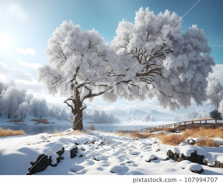 Generate AI. The big tree near the lagoon in the winter. Generate AI. The big tree near the lagoon in the winter. 107994707