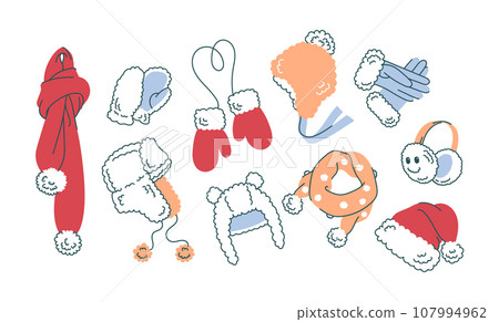 A set of winter accessories for the outdoors. Warm clothes hats, scarves, mittens and gloves. Santa Claus hat. Children's hats. Flat vector style. A set of winter accessories for the outdoors. Warm clothes hats, scarves, mittens and gloves. Santa Claus hat. Children's hats. Flat vector style. 107994962