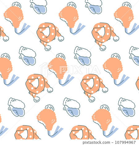 Delicate vector winter pattern of knitted accessories: hat with ponpon, scarf, fur mittens. Wrapping paper, fabric print. 107994967