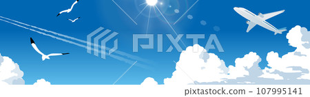 Illustration of an airplane flying in the blue sky and thunderclouds 107995141