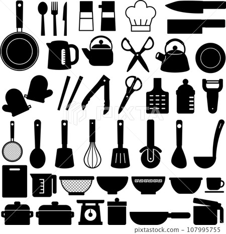 Kitchen utensils silhouette illustration set 107995755