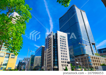 A car waiting at the traffic light heading towards the Harumi Dori intersection and Ginza. High-rise buildings and street trees in Hibiya and Yurakucho (Chiyoda Ward, Tokyo) 107996053