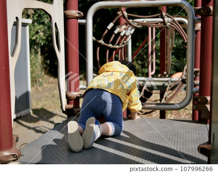 Rear view of a boy climbing on playground equipment in the park 107996266