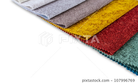 Multi colored set of upholstery fabric samples for selection, collection of textile swatches 107996769