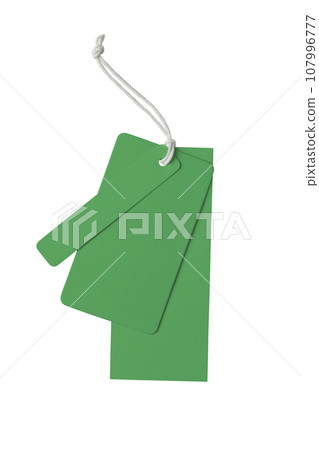 Various shape of blank green paper label or cloth tags isolated on white background 107996777