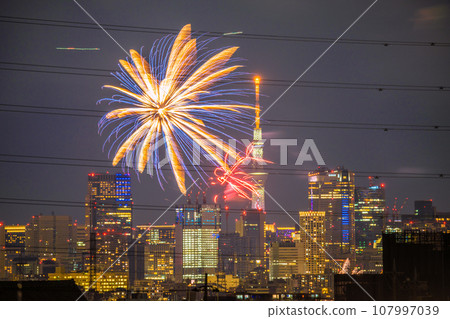 日本多摩川花火大會四年來首次出現川崎城市景觀。川崎市紀念玉川煙火大會的會場一側。六本木Hills等在後面 107997039