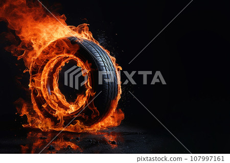 Car tire in fire. Burning car wheel, concept of speed,car racing, fast car service. Burnt tires, burning tires for protest, demonstration, fight for rights. Car tire in fire. Burning car wheel, concept of speed,car racing, fast car service. Burnt tires, burning tires for protest, demonstration, fight for rights. 107997161