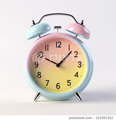 Rainbow alarm clock in pastel colors isolated on white. Time minimal creative concept. Time symbol, vintage clock, schedule and learning concept Rainbow alarm clock in pastel colors isolated on white. Time minimal creative concept. Time symbol, vintage clock, schedule and learning concept 107997162