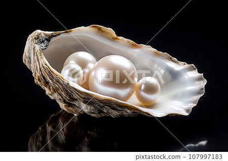 The pearls in the mussel shell on black background. Close up of a pearl nestled inside a oyster shell. 107997183