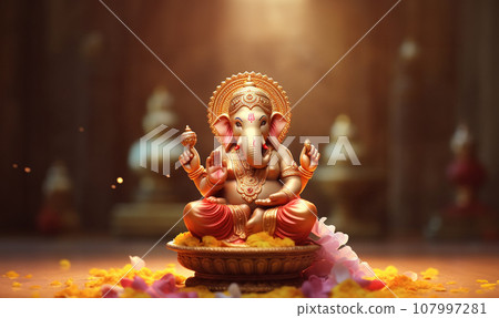 Lord Ganpati, colorful Hindu god Ganesha on dark background. Statue on wooden table with a smoke of incense and a candle. Copy space. 107997281