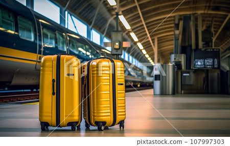 Two retro suitcases by the train on station. Suitcases stand on an empty railway platform. Empty train station. Travel,Holiday vacation concept copy space Two retro suitcases by the train on station. Suitcases stand on an empty railway platform. Empty train station. Travel,Holiday vacation concept copy space 107997303