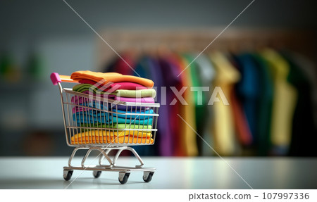 Shopping cart filled with fashionable clothing. Modern fashionable brand of clothing store inside shopping center. Concept for shopping with copy space bright stylish design 107997336
