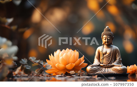 Cosmic Buddha meditating on the Flower of Life - Lotus position buddha on left with a magenta glow against gold bokeh background and the Flower of Life symbol Cosmic Buddha meditating on the Flower of Life - Lotus position buddha on left with a magenta glow against gold bokeh background and the Flower of Life symbol 107997350