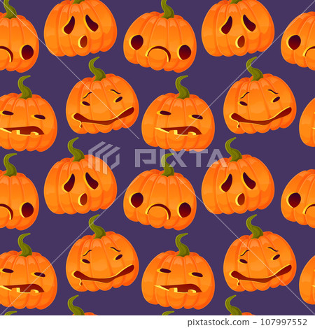 Halloween jumping jack-o-lantern seamless pattern on purple background. Stock vector illustration isolated in cartoon style. 107997552