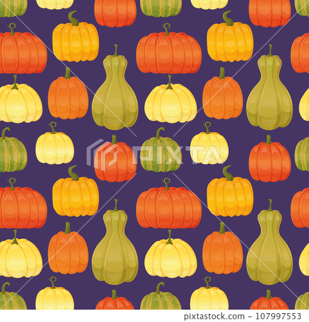 Halloween pumpkins seamless pattern on purple background. Stock vector illustration isolated in cartoon style. Halloween pumpkins seamless pattern on purple background. Stock vector illustration isolated in cartoon style. 107997553