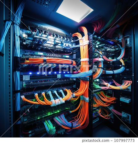 Modern IT server of data center computer racks, IT network infrastracture concept 107997773