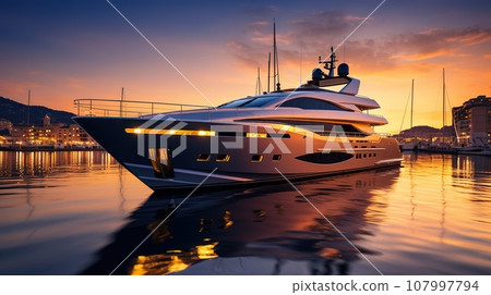 Luxury modern boat in the port during summer sunset, transportation concept Luxury modern boat in the port during summer sunset, transportation concept 107997794