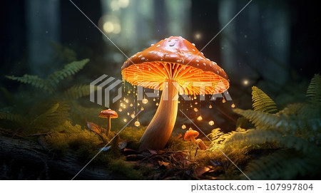 Glowing or shining mushroom in the forest during night, nature concept Glowing or shining mushroom in the forest during night, nature concept 107997804