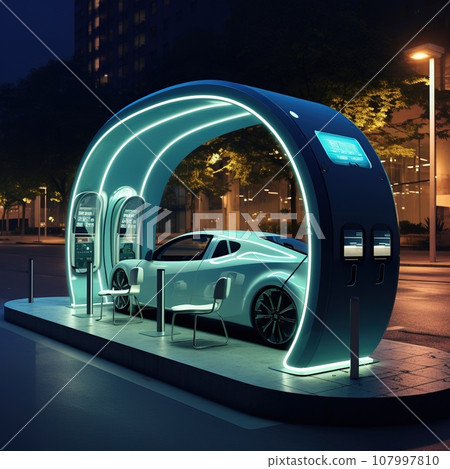 Electric car by the modern charging station, transportation and industrial concept Electric car by the modern charging station, transportation and industrial concept 107997810