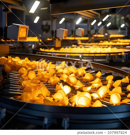 Production of potatoes chips, industrial and food concept Production of potatoes chips, industrial and food concept 107997824