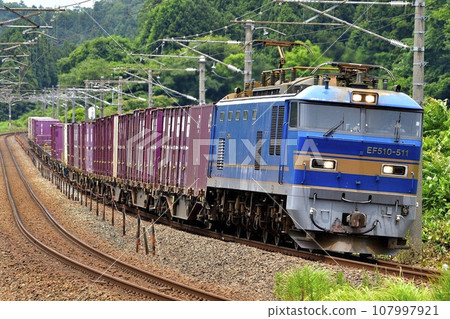 Blue Red Thunder EF510 freight train traveling on the Hokuriku Main Line 107997921