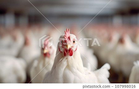 Broiler chicken industry. Broiler or Cornish chicken farm indoors. Meat and breeder farm industry. Ready for slaughter. crammed together 107998016