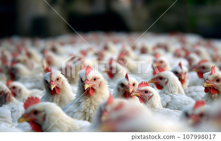 Broiler chicken industry. Broiler or Cornish chicken farm indoors. Meat and breeder farm industry. Ready for slaughter. crammed together 107998017