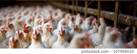 Broiler chicken industry. Broiler or Cornish chicken farm indoors. Meat and breeder farm industry. Ready for slaughter. crammed together 107998019
