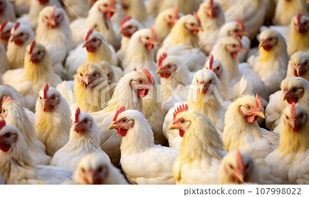 Broiler chicken industry. Broiler or Cornish chicken farm indoors. Meat and breeder farm industry. Ready for slaughter. crammed together 107998022