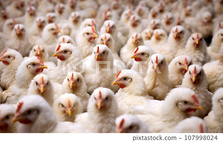 Broiler chicken industry. Broiler or Cornish chicken farm indoors. Meat and breeder farm industry. Ready for slaughter. crammed together 107998024