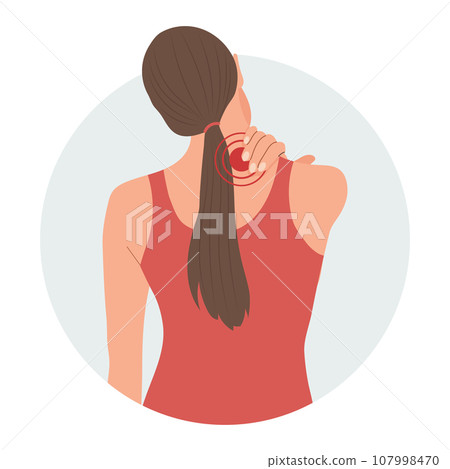 Woman with pain in the cervical and lumbar vertebrae. Back pain, muscle pain, osteoarthritis, rheumatoid arthritis. Medicine. Illustration, vector Woman with pain in the cervical and lumbar vertebrae. Back pain, muscle pain, osteoarthritis, rheumatoid arthritis. Medicine. Illustration, vector 107998470